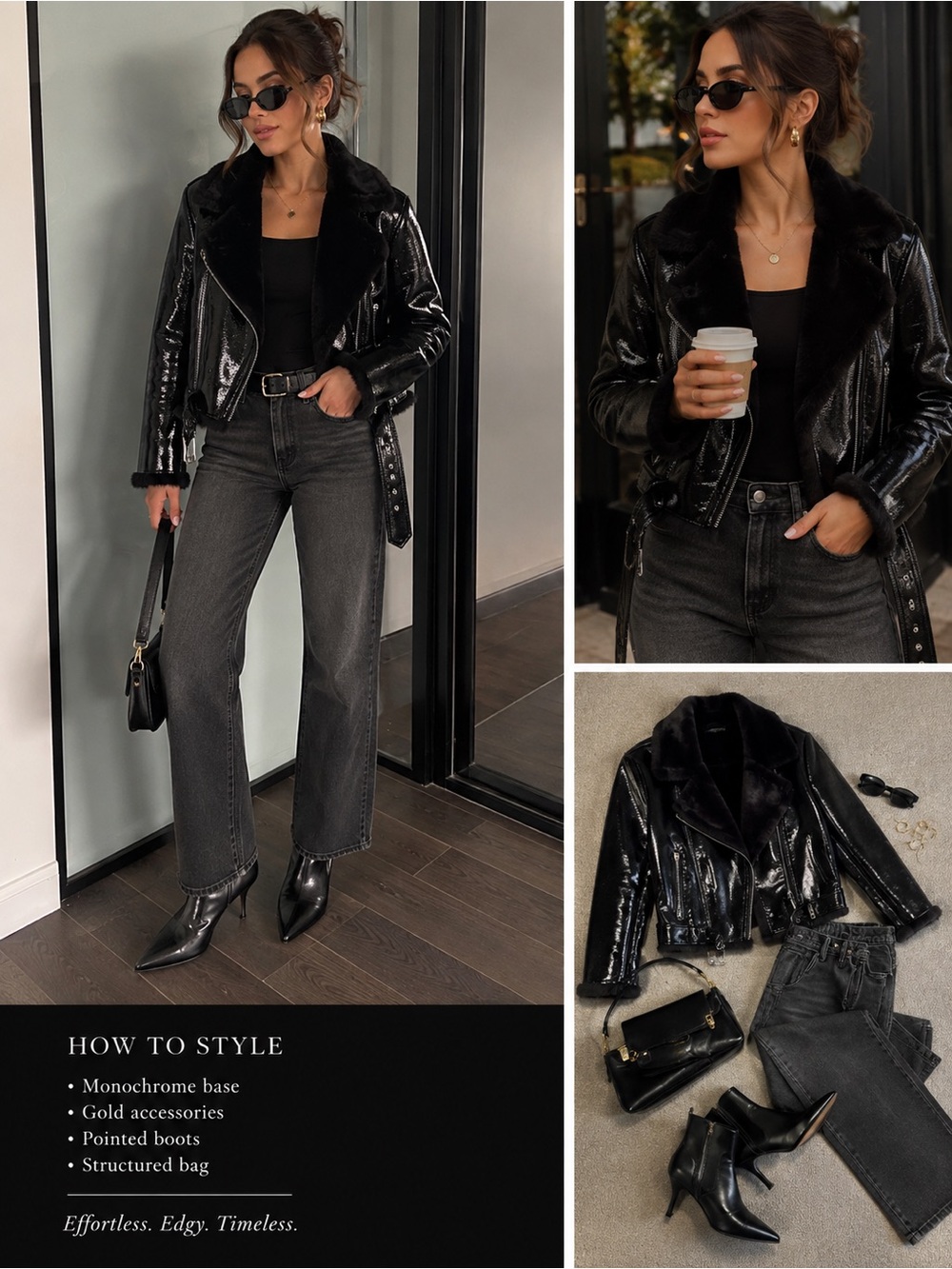 NBD Black Faux Leather Moto Jacket with Faux Fur Collar S